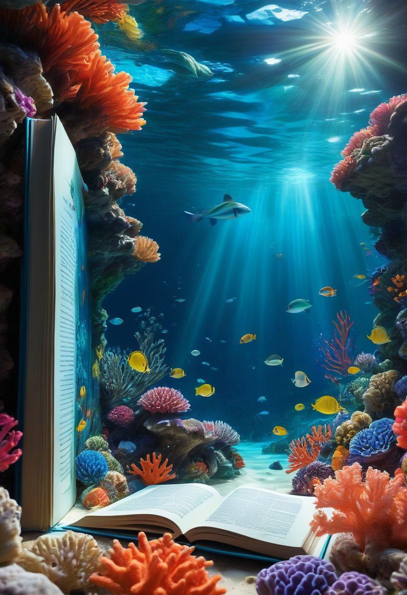 A visually striking underwater scene featuring an open book with vibrant pages displaying adult product reviews, surrounded by colorful coral reefs and marine life. Soft rays of sunlight penetrate the water, illuminating the book as curious fish swim around, adding a sense of exploration and discovery. Emphasize a calm yet engaging atmosphere to reflect informed choices. super-realistic. vibrant colors. 3D.