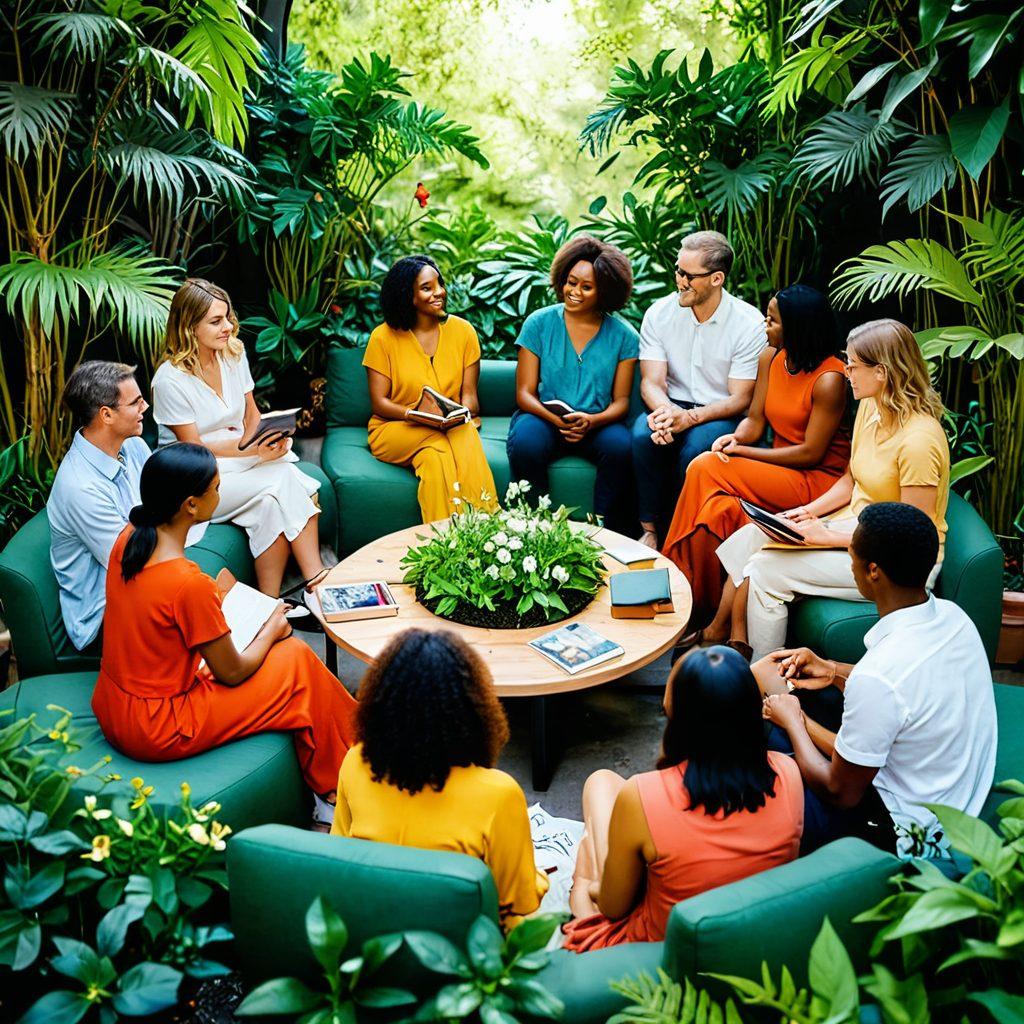 A warm and inviting circle of diverse individuals engaged in intimate discussions, surrounded by plants and soft lighting, symbolizing connection and comfort. Each person holds a symbol of sexual wellness like flowers, books, or journals, illustrating openness and growth. The background features abstract art representing joy and empowerment. soft focus. vibrant colors. 3D.