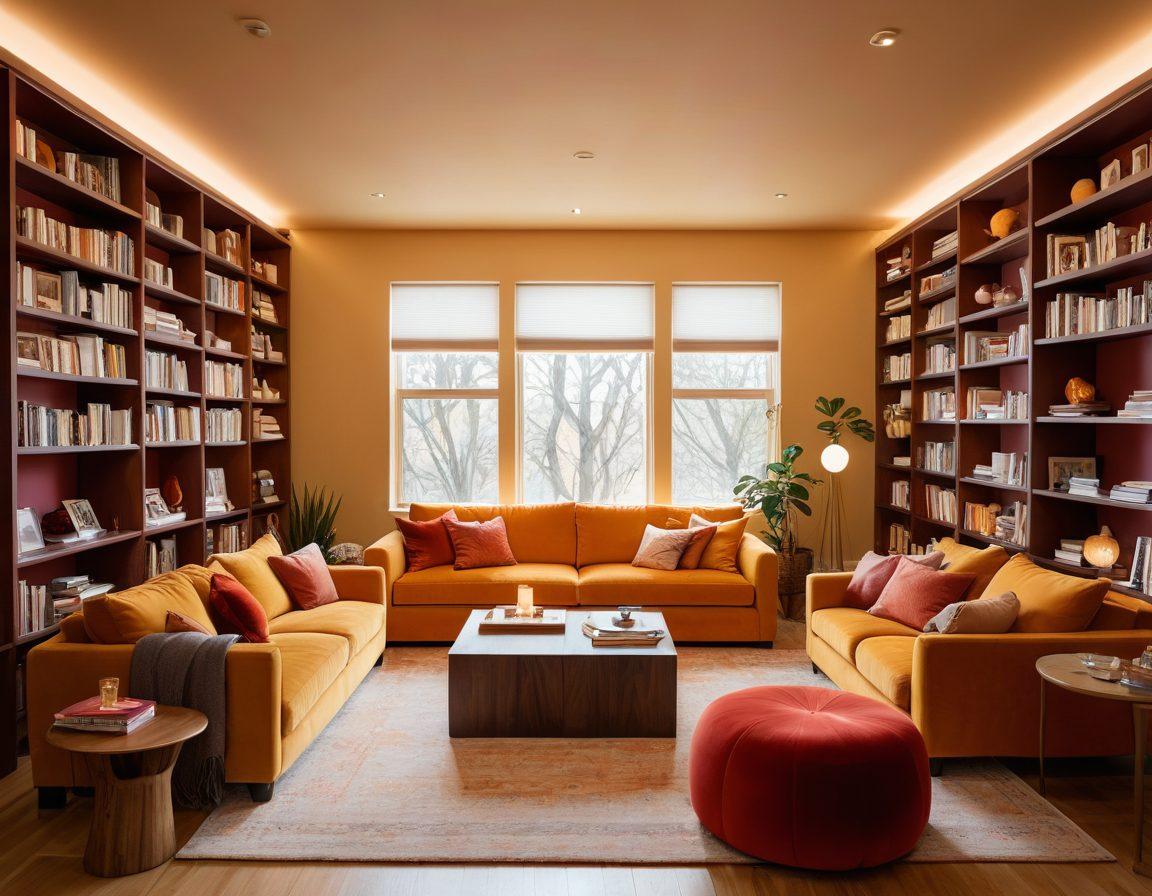 An intimate and inviting space filled with soft lighting, featuring diverse individuals engaging in open discussions about sexual wellness. Include elements symbolizing empowerment, such as books on education, review cards, and cozy seating. A harmonious color palette that conveys warmth and comfort. Intimate yet respectful atmosphere. vibrant colors. super-realistic.